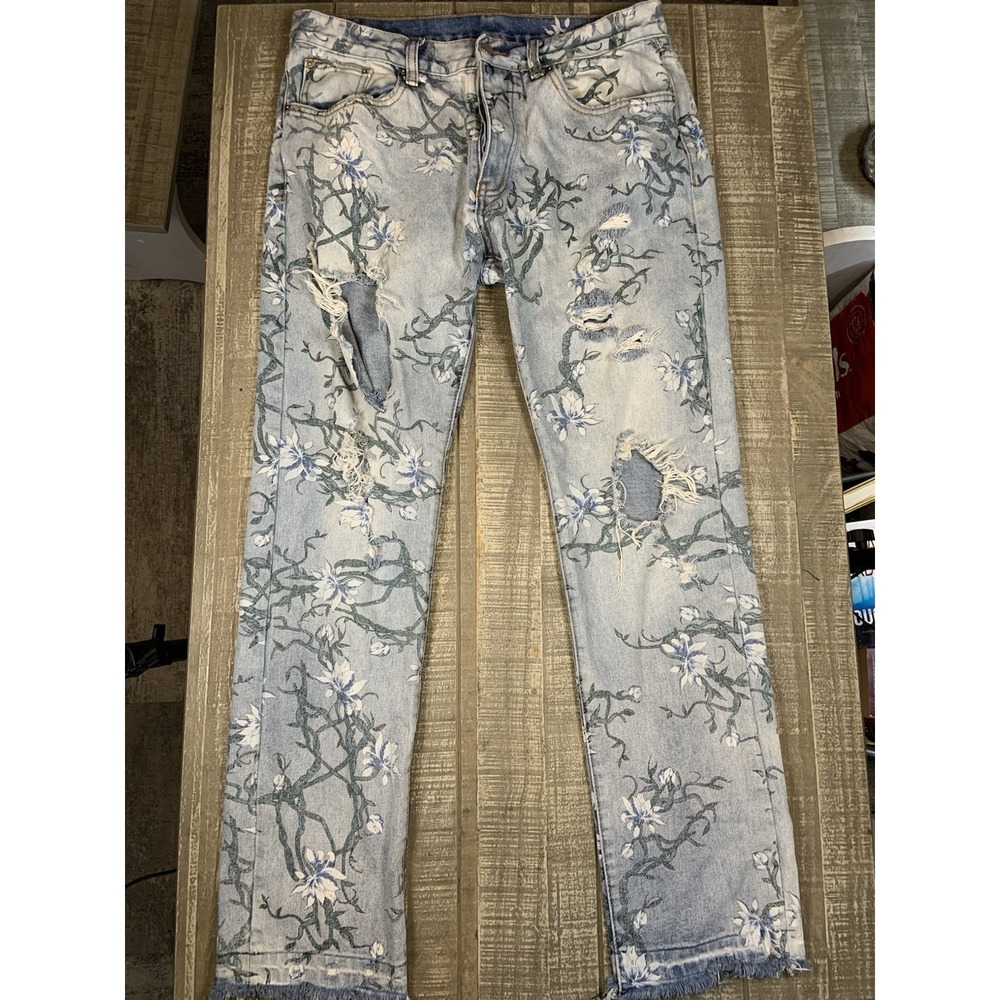 MNML Men's Floral Distressed Blue Denim Jeans Straight Button Fly Urban 34x30